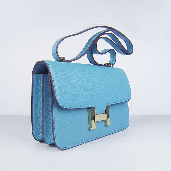 Luxury Hermes Calf Leather Message Bag H020 Light Blue Golden