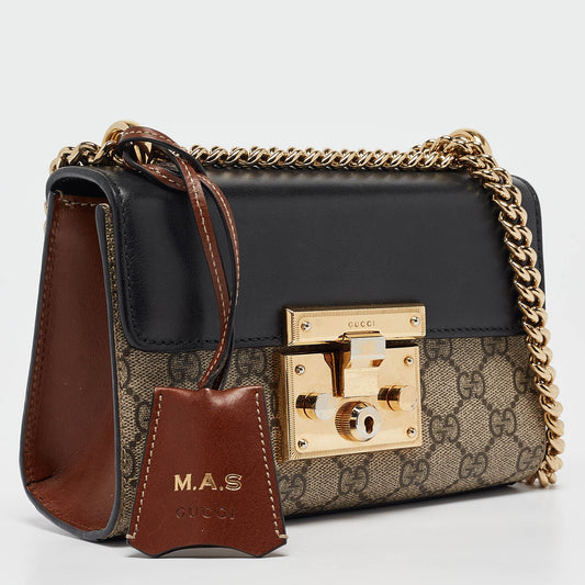 Luxury Gucci Trending 2025 Black/beige Gg Supreme Canvas And Leather Small Padlock Shoulder Bag..