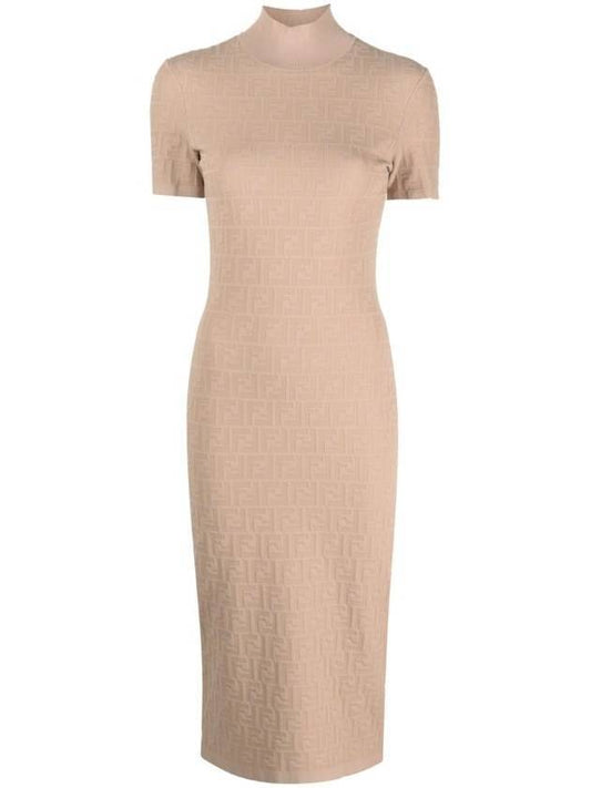 Luxury Fendi Women's FF Logo Short Sleeve Midi Dress Beige