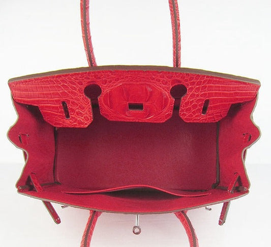 Luxury Hermes Birkin 30cm Crocodile Head Vein Handbags Red Silver