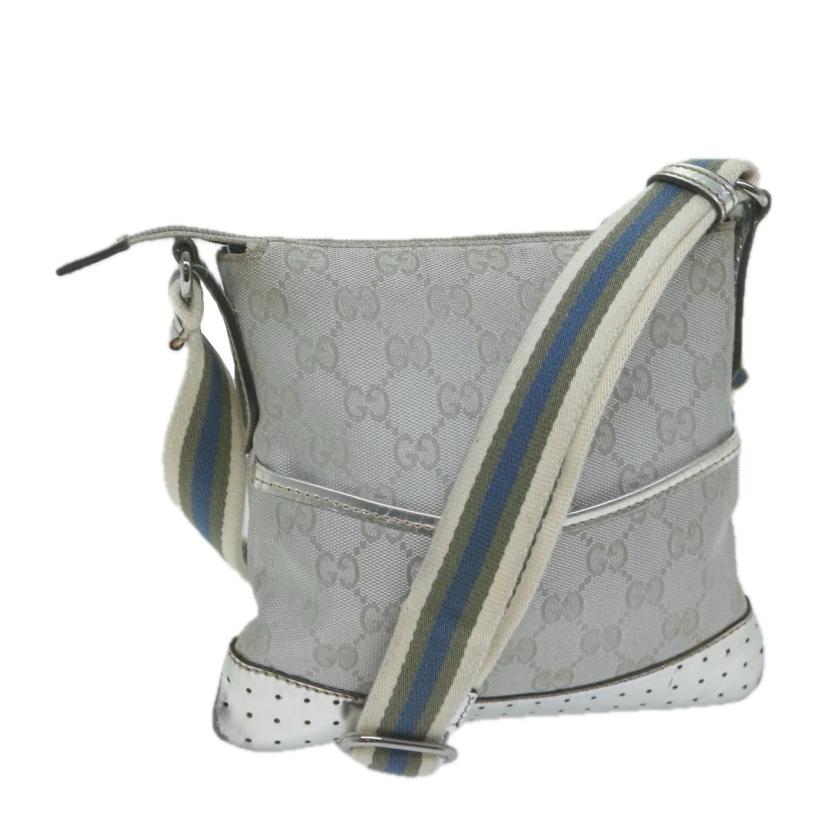 GUCCI GG Canvas Sherry Line Shoulder Bag Silver Blue gray 147671  65500