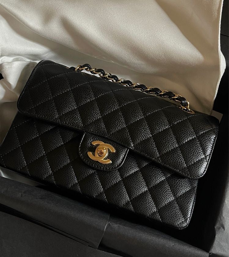 Luxury Chanel Small Classic Handbag Grained Calfskin & Gold-Tone Metal Black