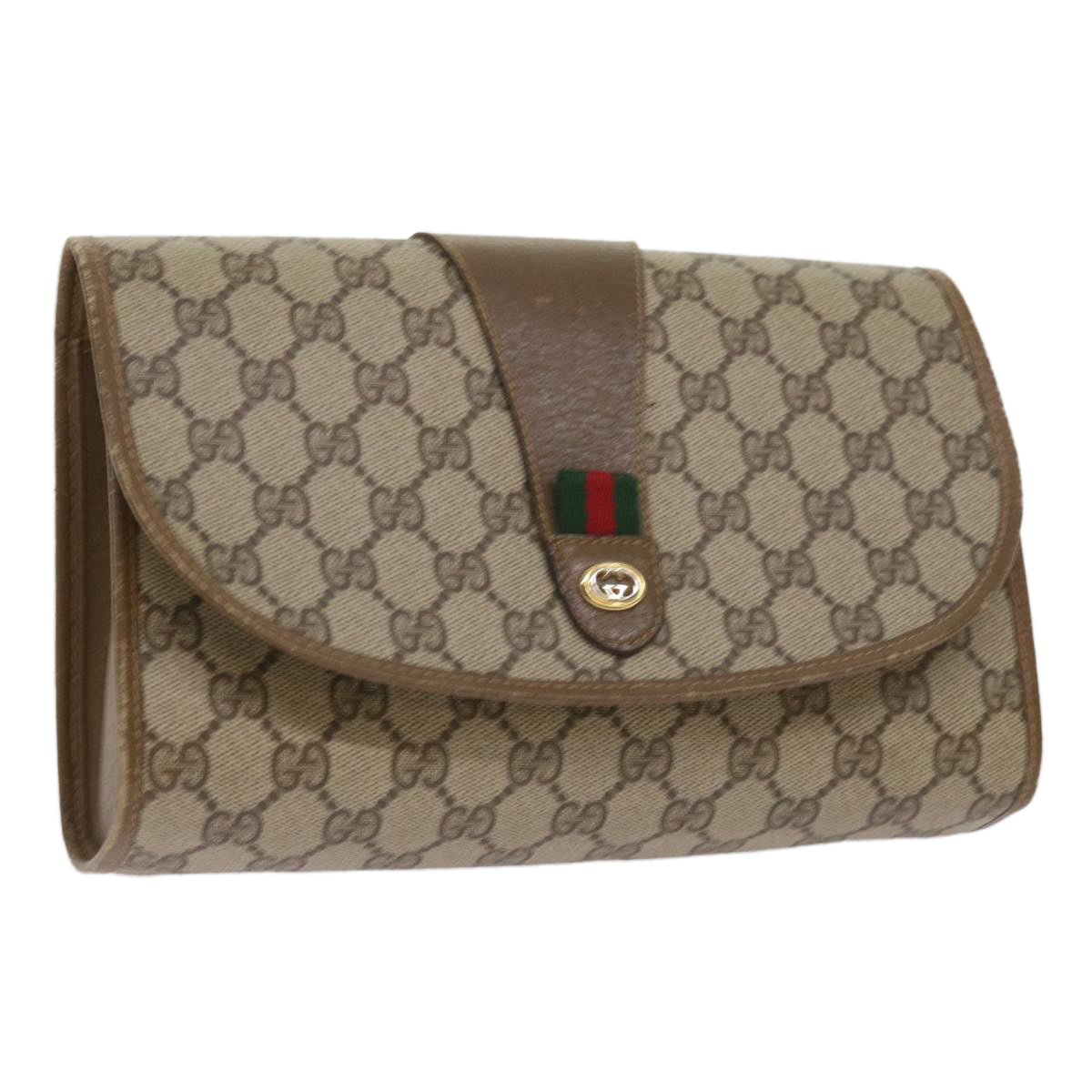 GUCCI GG Canvas Web Sherry Line Clutch Bag PVC Beige Green Red  65592