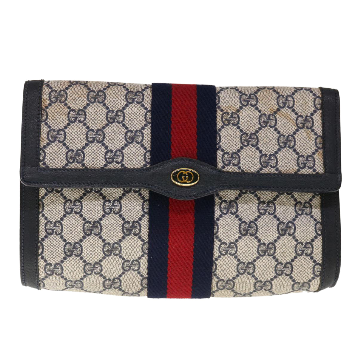 GUCCI GG Supreme Sherry Line Clutch Bag PVC Navy Red 89 01 006  65742
