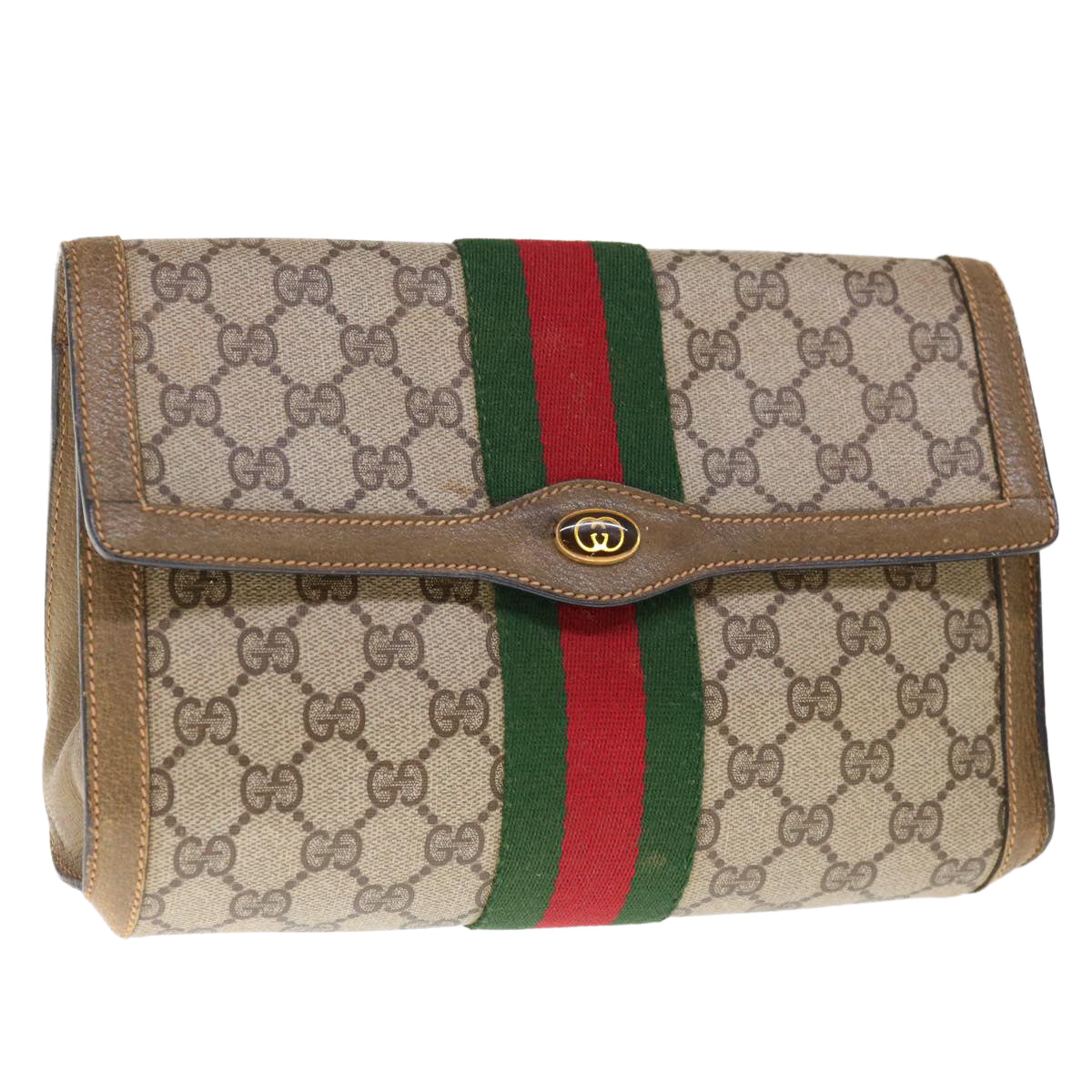 GUCCI GG Supreme Web Sherry Line Clutch Bag PVC Beige Red 89 01 006  65935