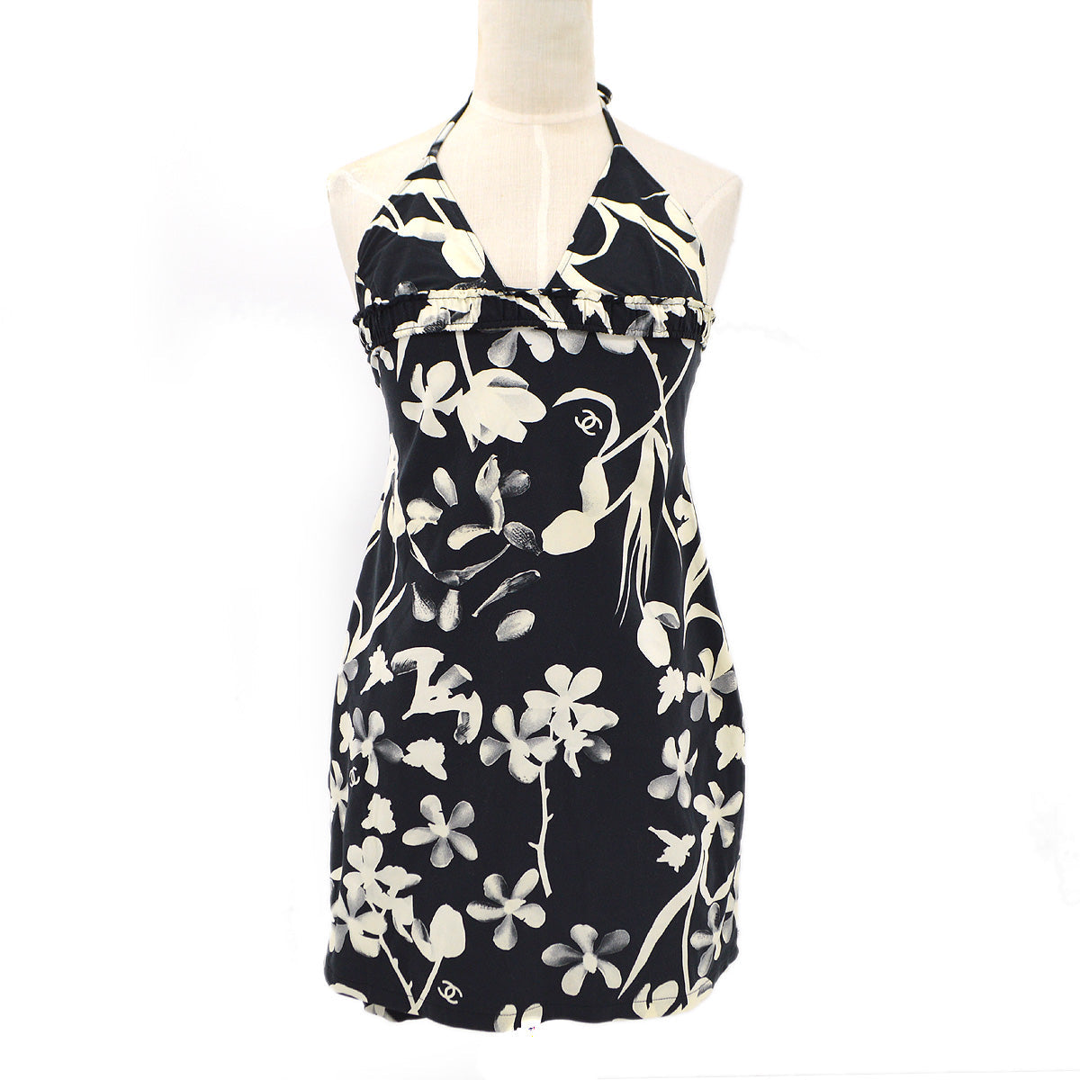 Luxury Chanel 2004 High Summer CC Camellia-print halterneck swimsuit dress #36