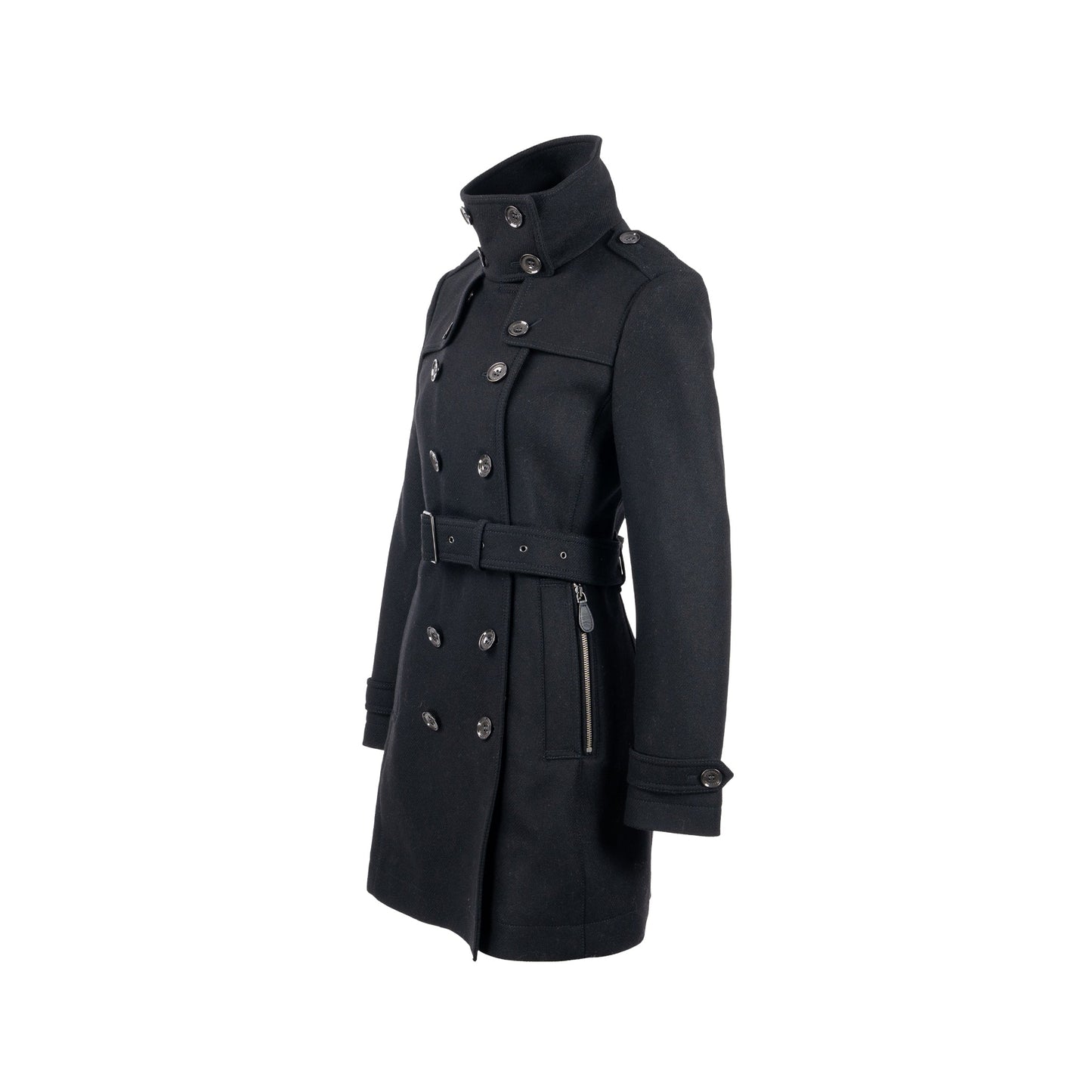 Burberry Size IT40 Pea Double Breasted Belted-Waist Coat Virgin Wool Black