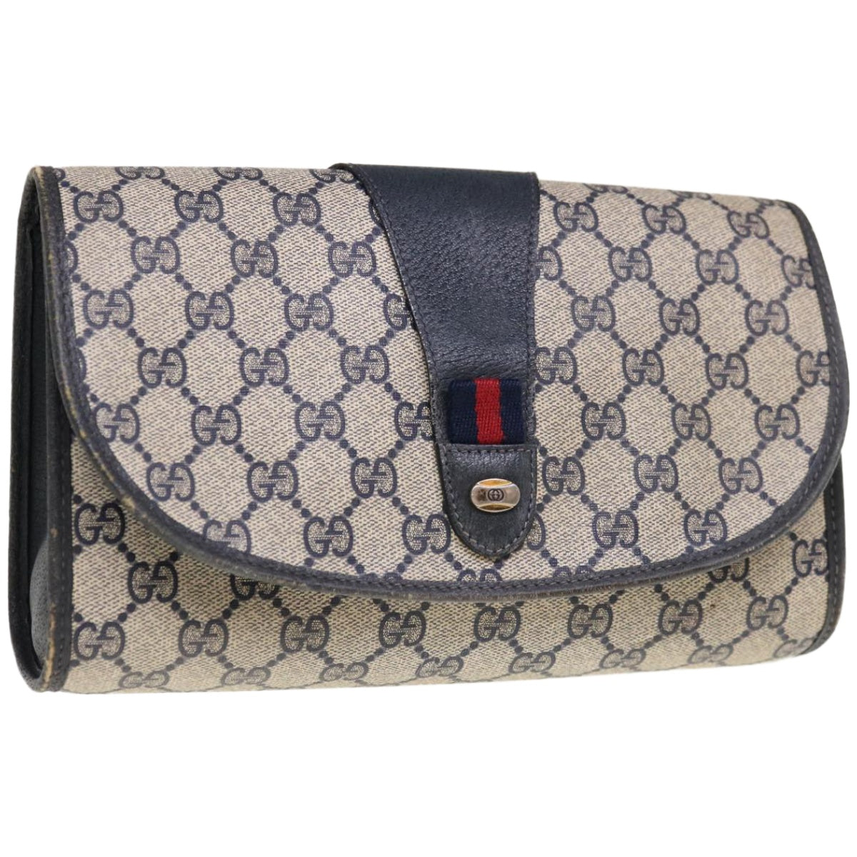 GUCCI GG Canvas Sherry Line Clutch Bag PVC Navy Red  66165