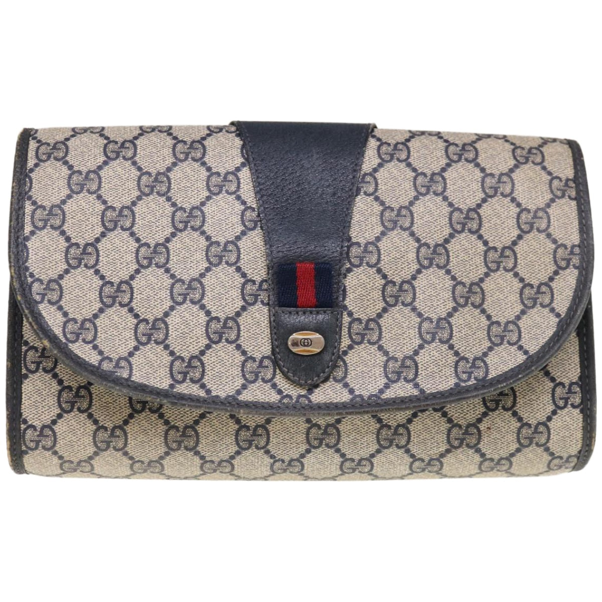 GUCCI GG Canvas Sherry Line Clutch Bag PVC Navy Red  66165