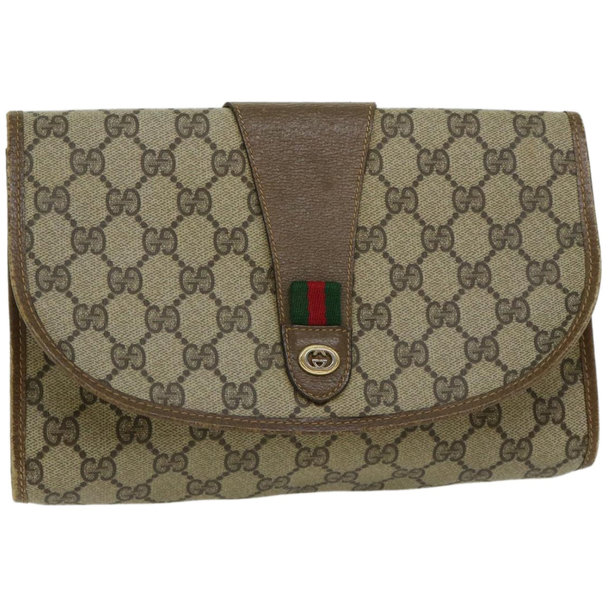 GUCCI GG Canvas Web Sherry Line Clutch Bag PVC Beige Red Green  66716