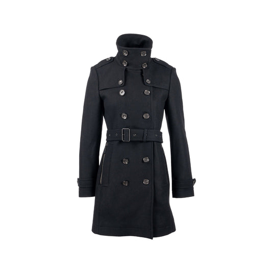 Burberry Size IT40 Pea Double Breasted Belted-Waist Coat Virgin Wool Black