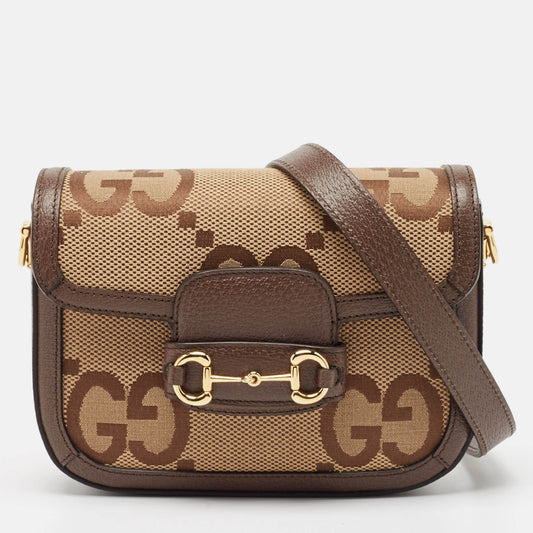 Luxury Gucci Trending 2025 Brown/beige Jumbo Gg Canvas Mini Horsebit 1955 Shoulder Bag..