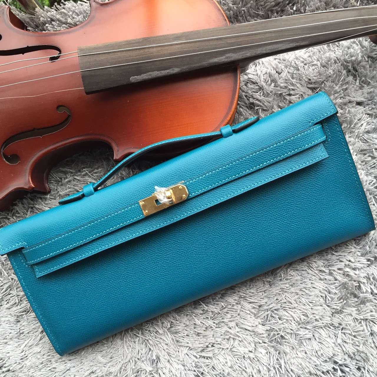 Luxury Hermes Turquoise Handcrafted Kelly Cut Clutch