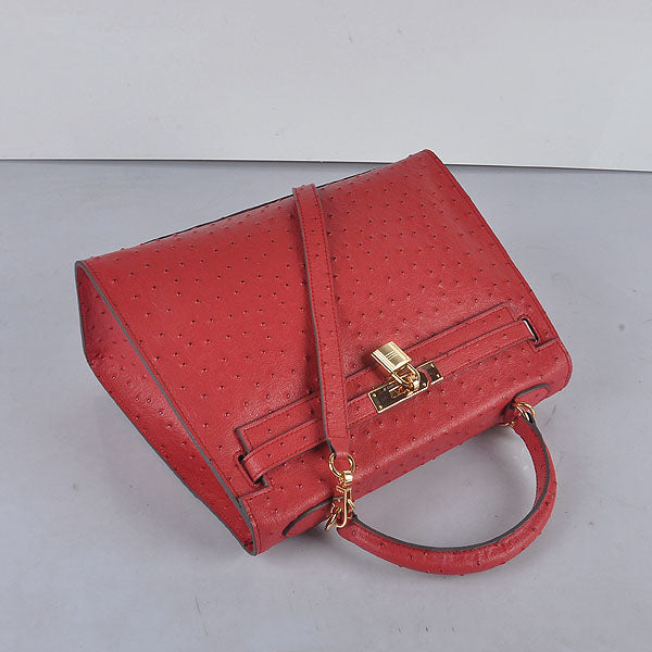 Luxury Hermes Kelly 32cm Ostrich Vein 6108 Red Golden