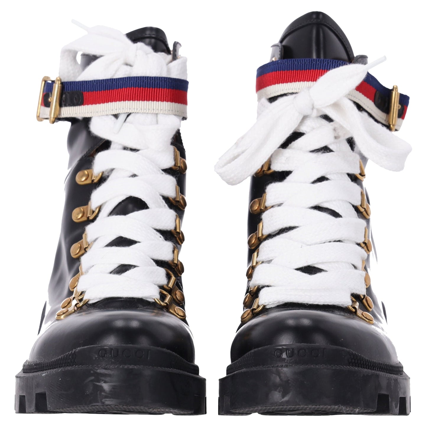 Gucci Sylvie Web Lace-Up Biker Ankle Boots in Black Calf Leather