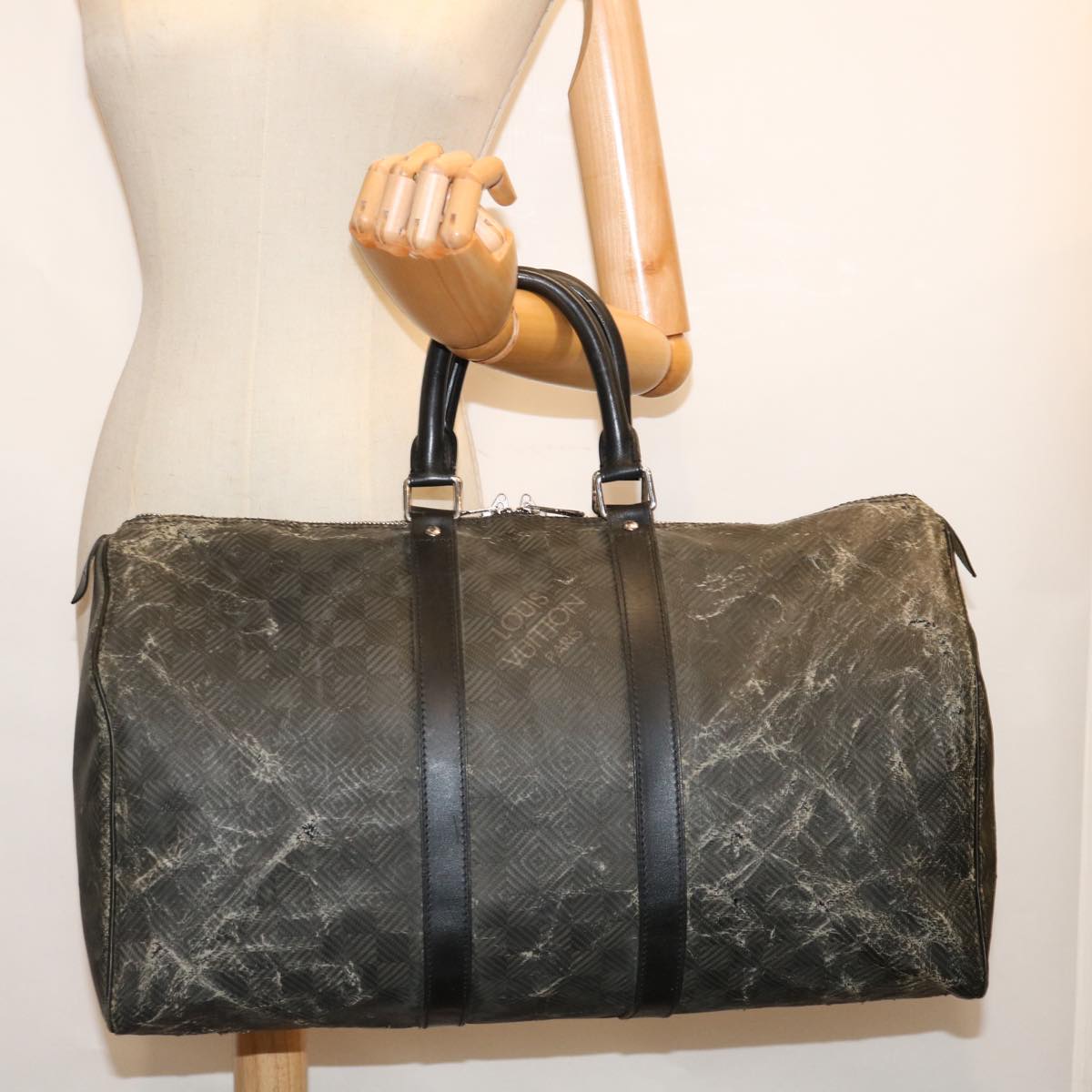 LOUIS VUITTON Damier Carbon Keepall 45 Boston Bag Black N41415 LV 68634