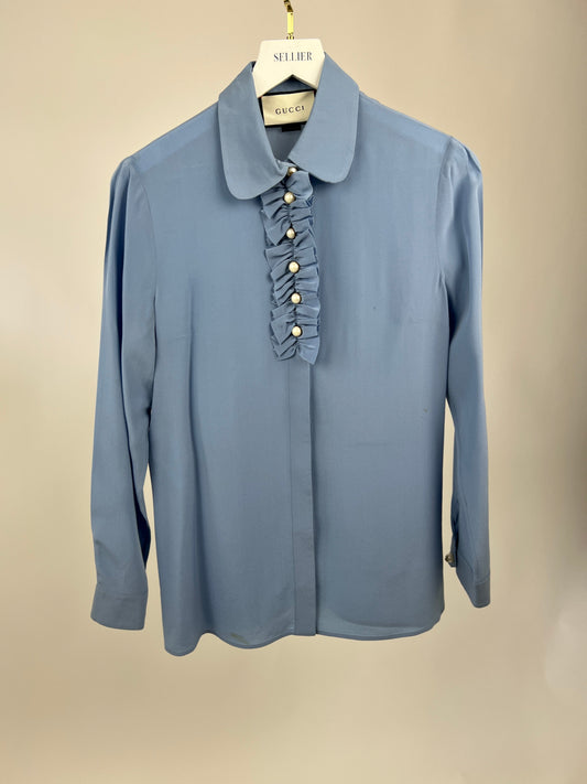 Luxury Gucci Trending 2025 Blue Silk Ruffle Blouse with Pearl Buttons Size