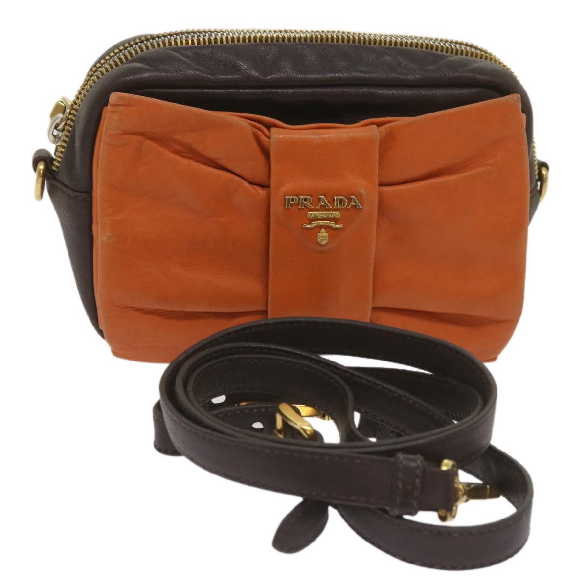 Luxury PradaRibbon Shoulder Bag Leather Orange Brown 69111