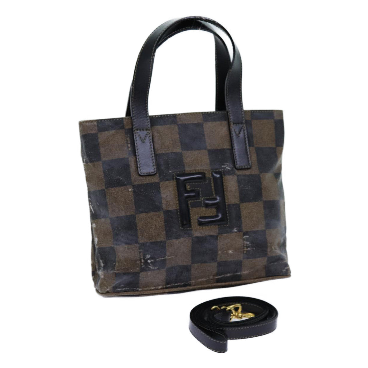 Luxury Fendi Pecan Canvas Hand Bag 2way Brown Black69215