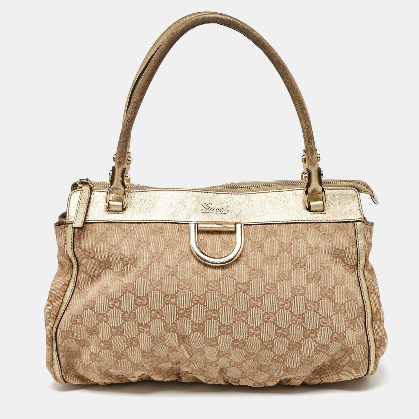 Luxury Gucci Trending 2025 Beige/Gold GG Canvas and Leather D Ring Satchel