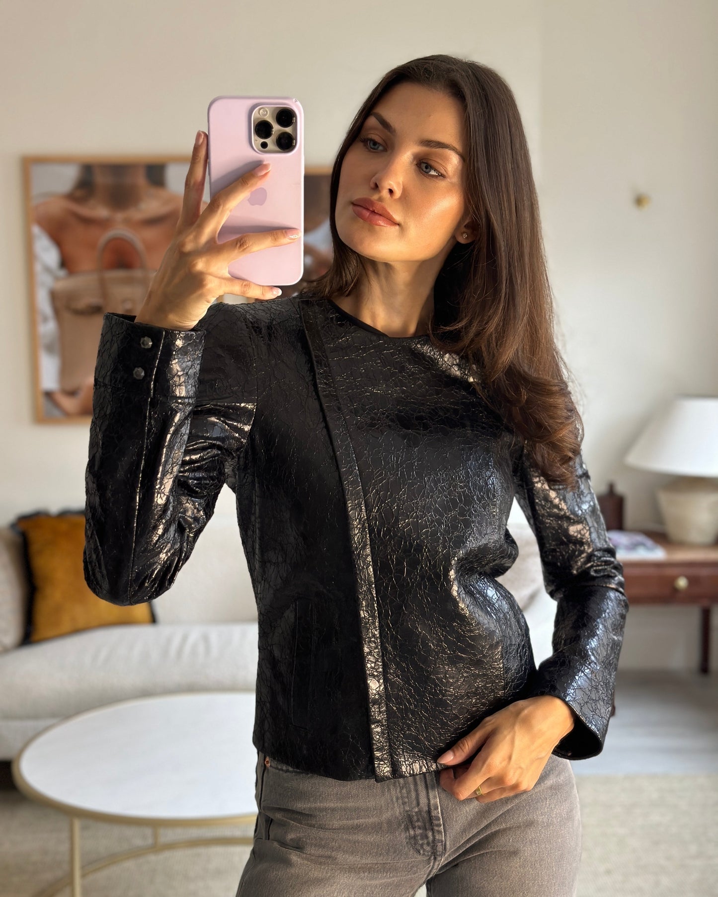 Luxury Gucci Black Lambskin Leather Jacket with Cracked Leather Effect Size IT 38 (UK 6)
