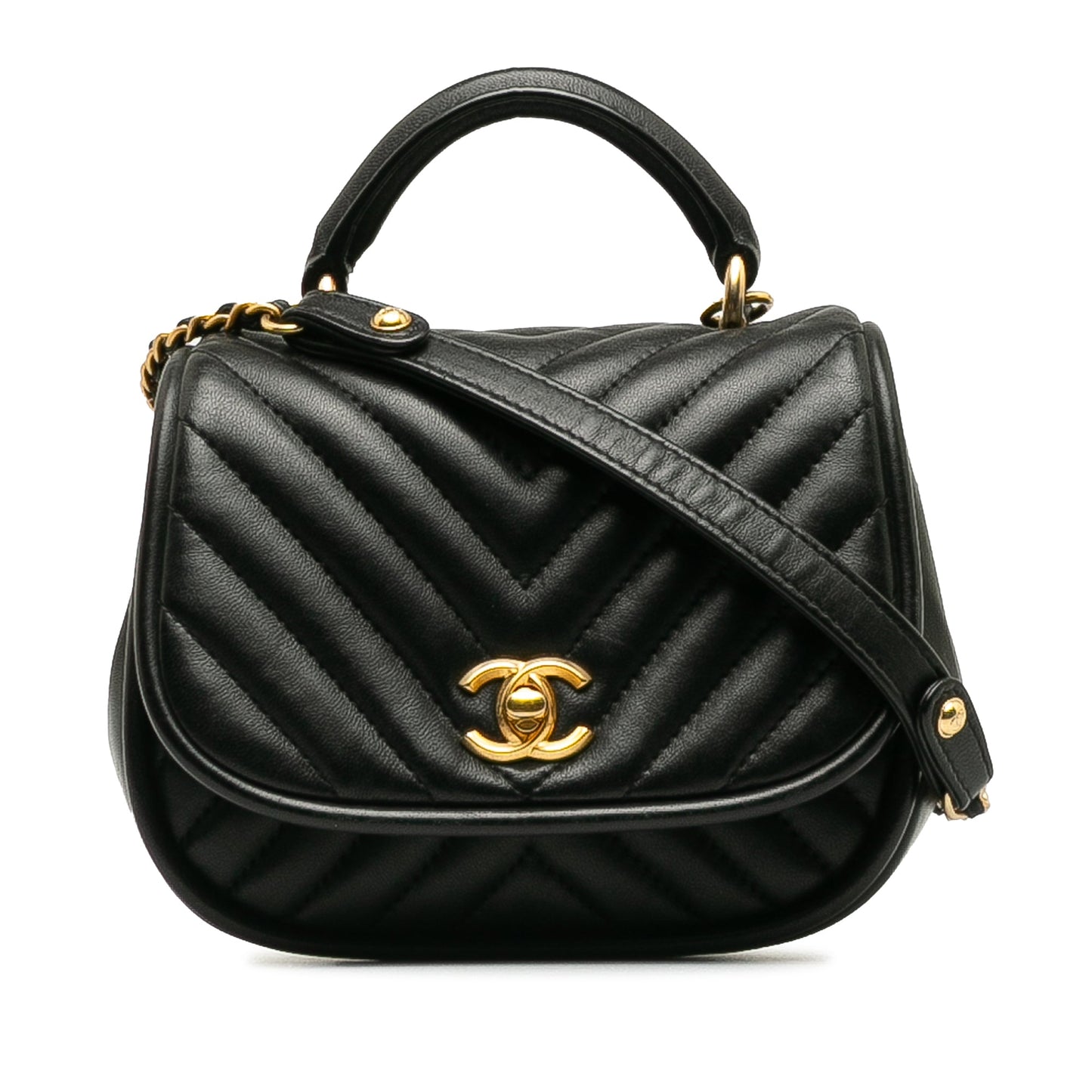 Luxury Chanel Reverse Round Mini Black Quilted Chevron Lambskin Gold