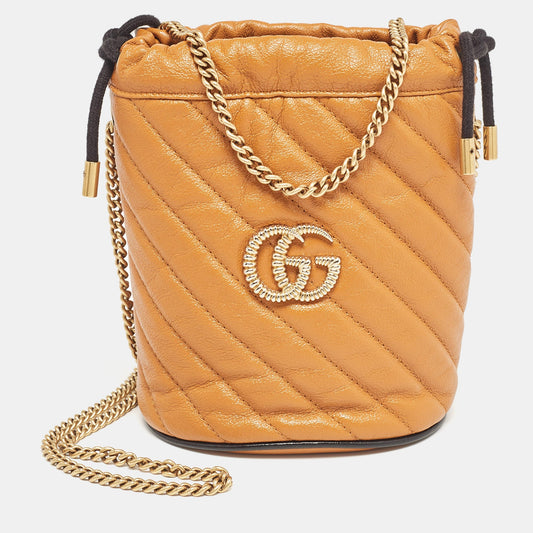 Luxury Gucci Trending 2025 Orange Matelass&eacute; Leather Mini Torchon Gg Marmont 2.0 Bucket Bag..