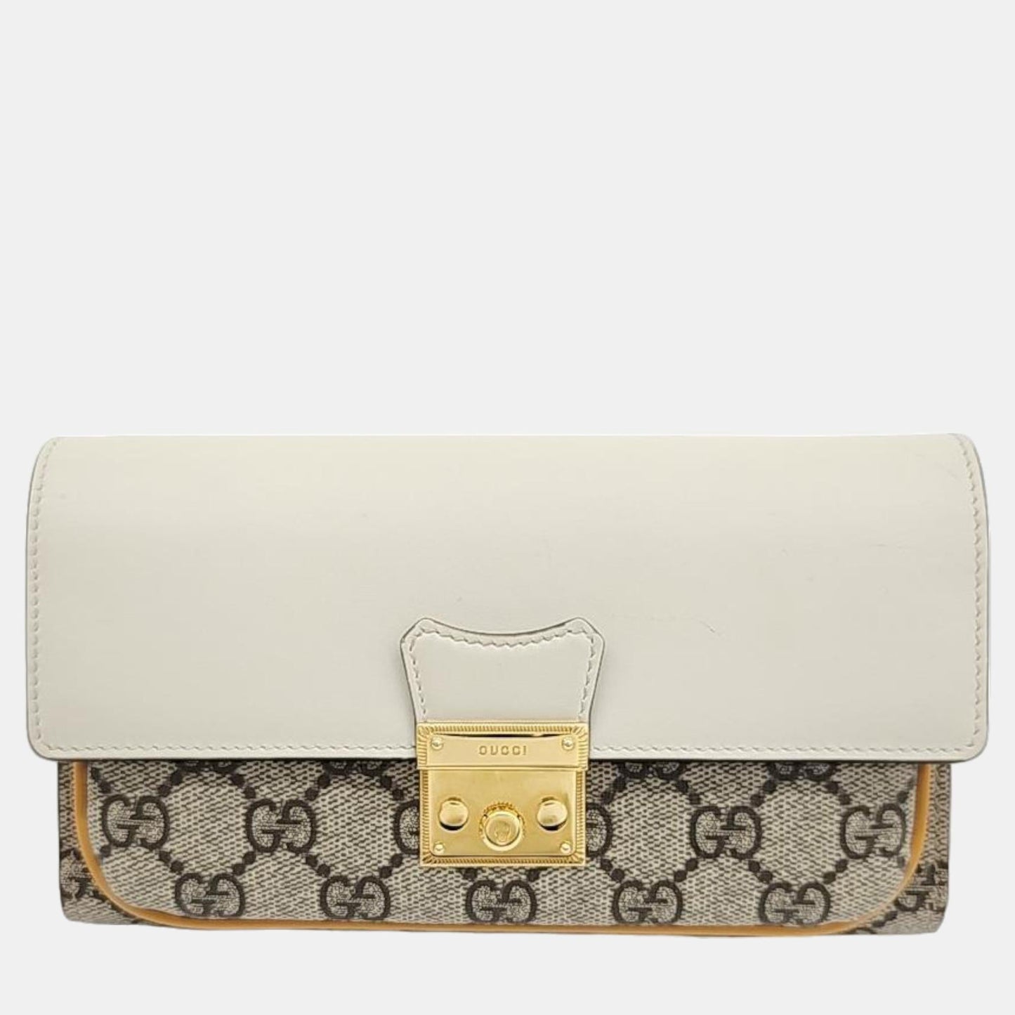 Luxury Gucci Trending 2025 Ivory/Beige/Mustard GG Canvas and Leather Padlock Mini Chain Crossbody Bag
