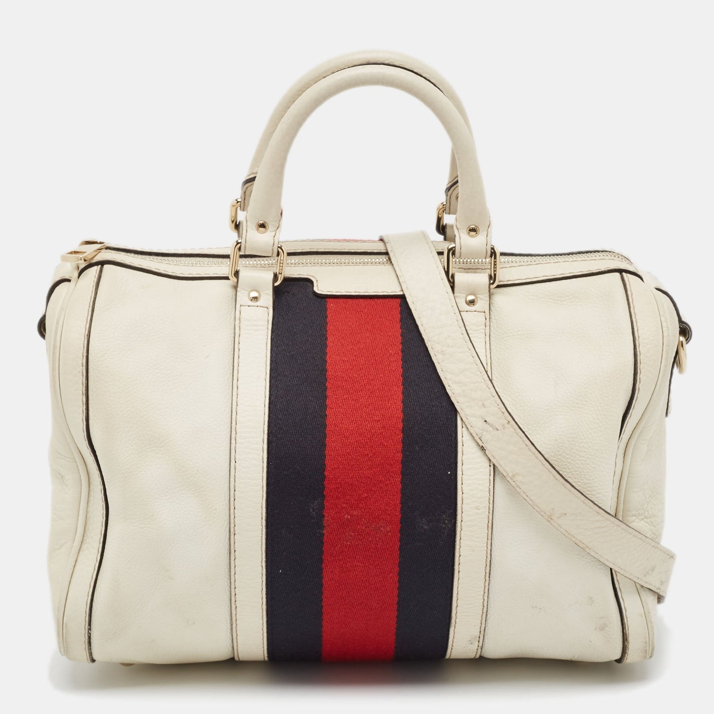 Luxury Gucci Trending 2025 Off White Canvas and Leather Medium Web Boston Bag