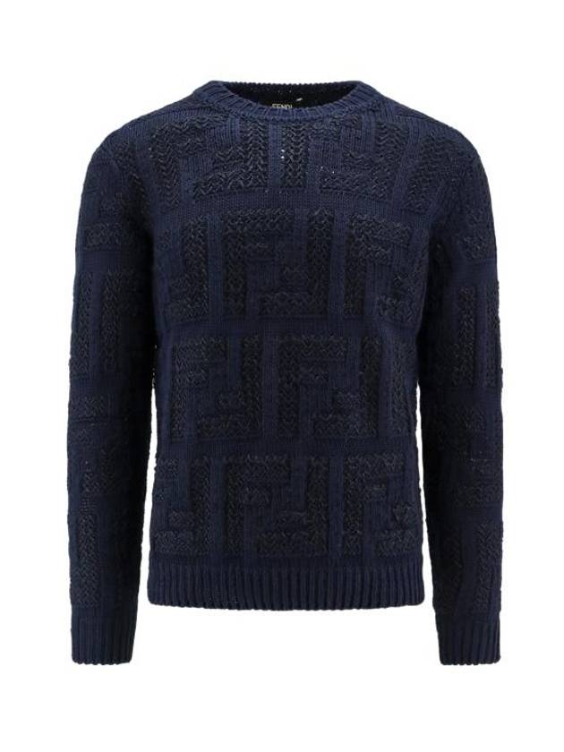 Luxury Fendi Crew Neck FF Knit Top Navy