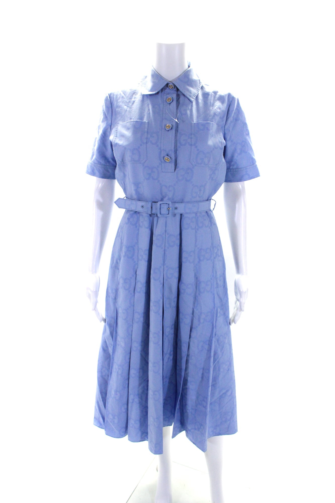 Gucci Womens Short Sleeves Button Down Pleated A Line Dress Blue