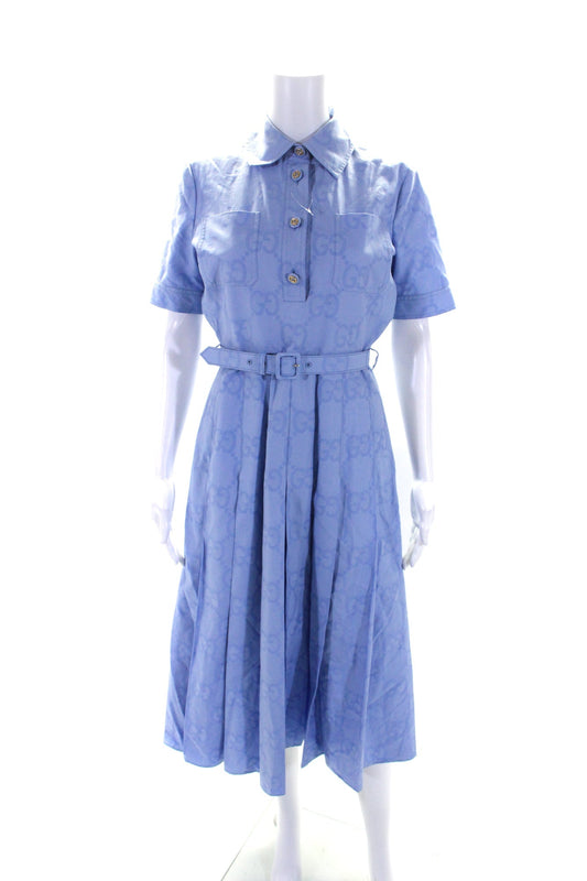 Gucci Womens Short Sleeves Button Down Pleated A Line Dress Blue