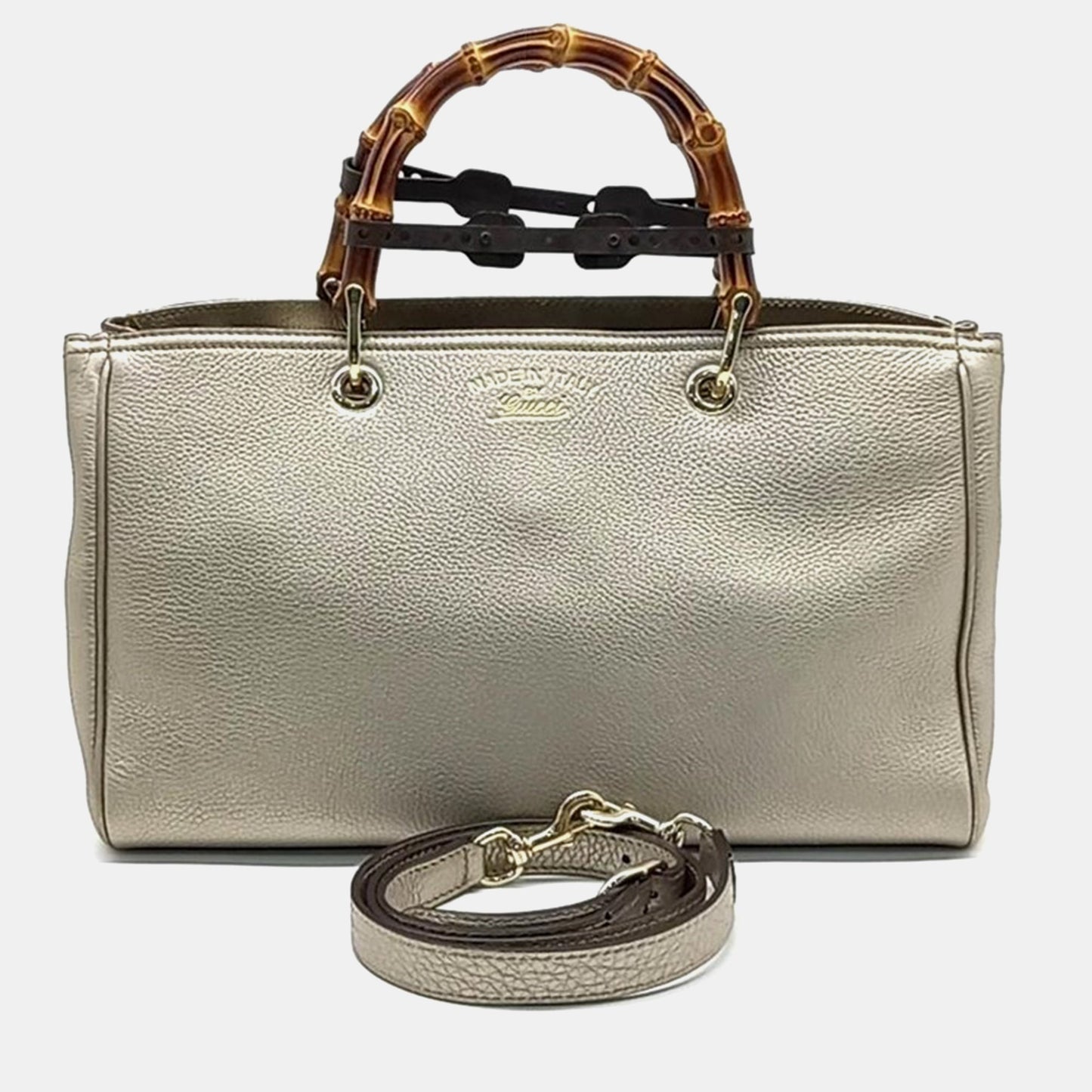 Luxury Gucci Trending 2025 Metallic Grey Leather Bamboo ShopperTote Bag