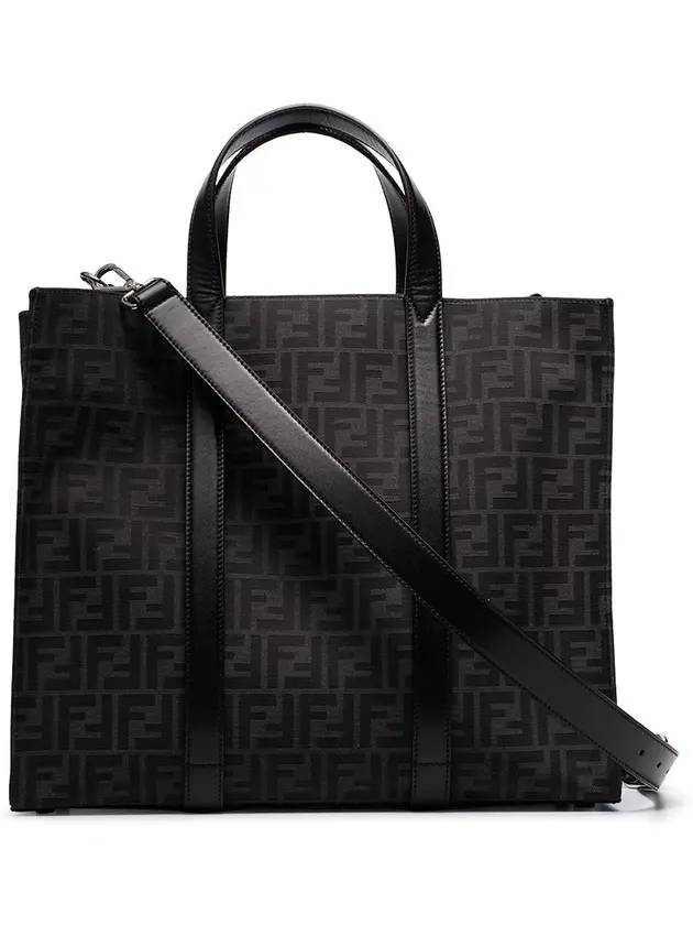 Luxury Fendi FF Jacquard Fabric Shopper Tote Bag Black