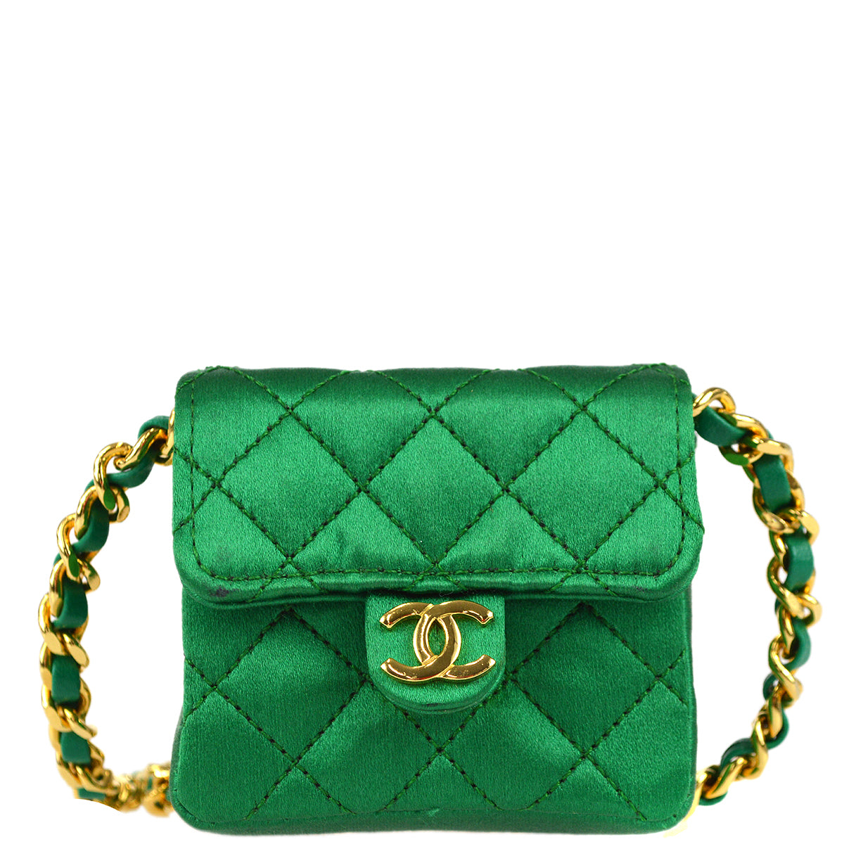 Luxury Chanel 1989-1991 Classic Flap Micro Shoulder Pochette Pouch Satin Green