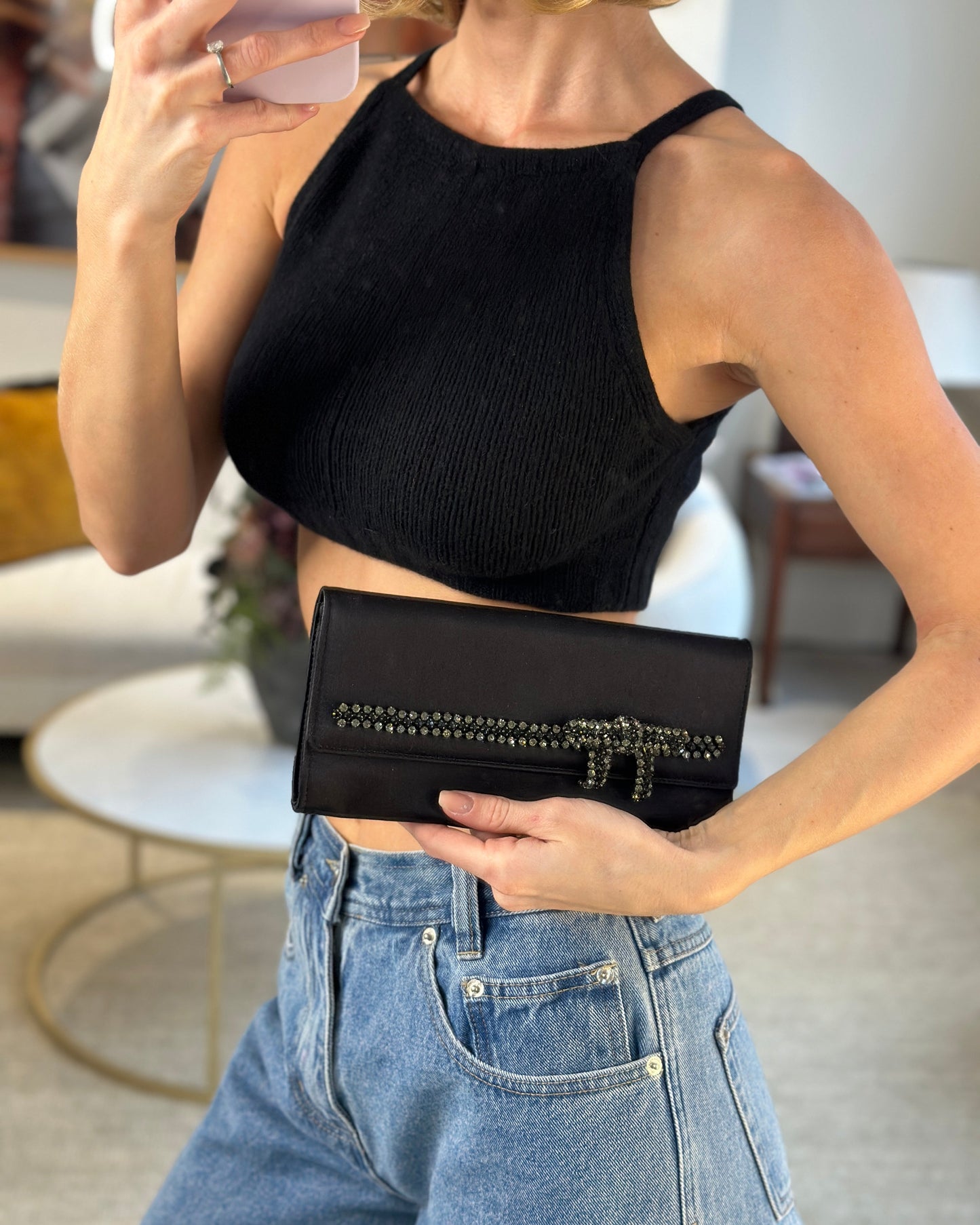 Luxury Gucci Trending 2025 Black Rectangular Satin Clutch Bag with Embellished Bow Detail