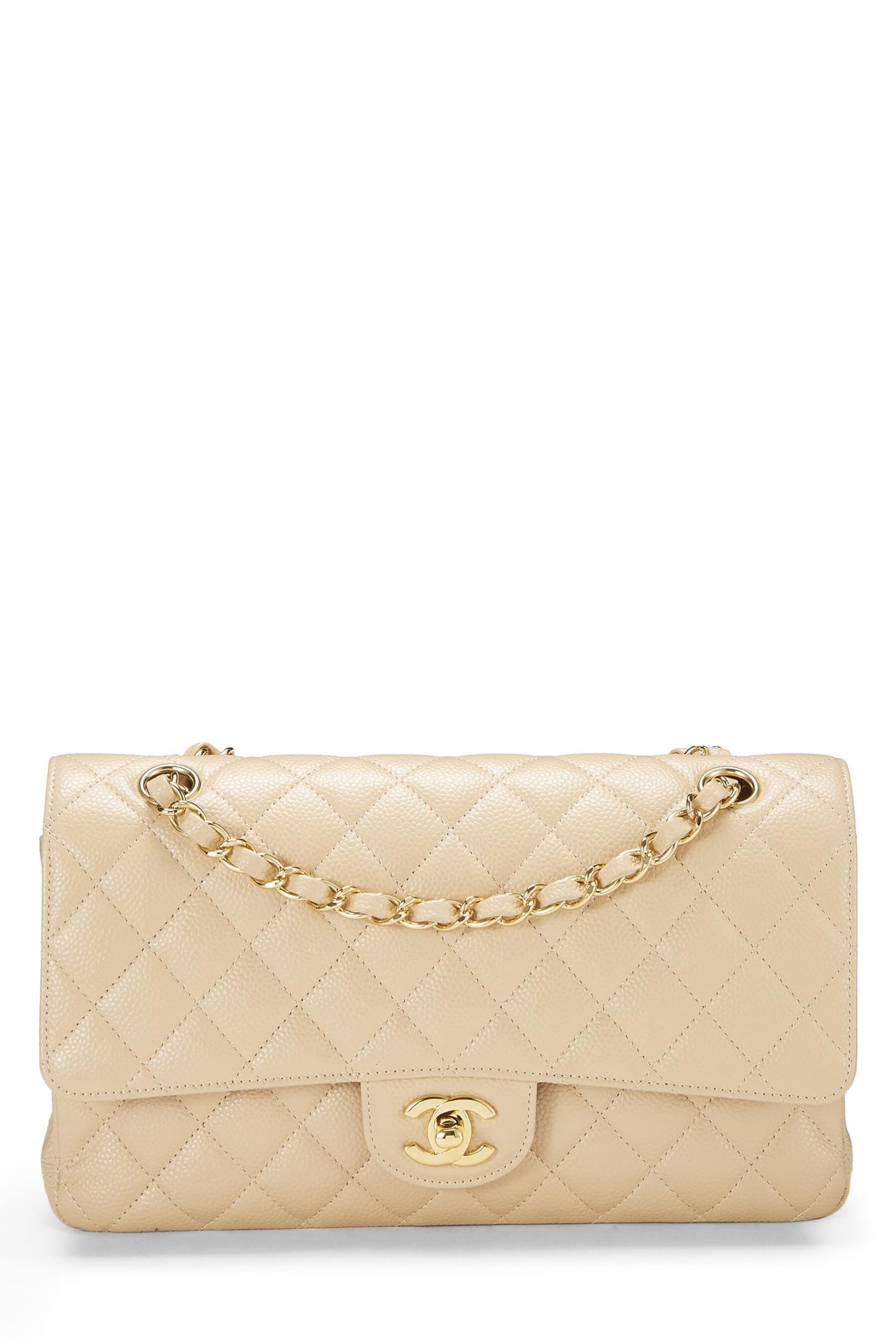 Chanel,  Beige Quilted Caviar Classic Double Flap Medium, Beige