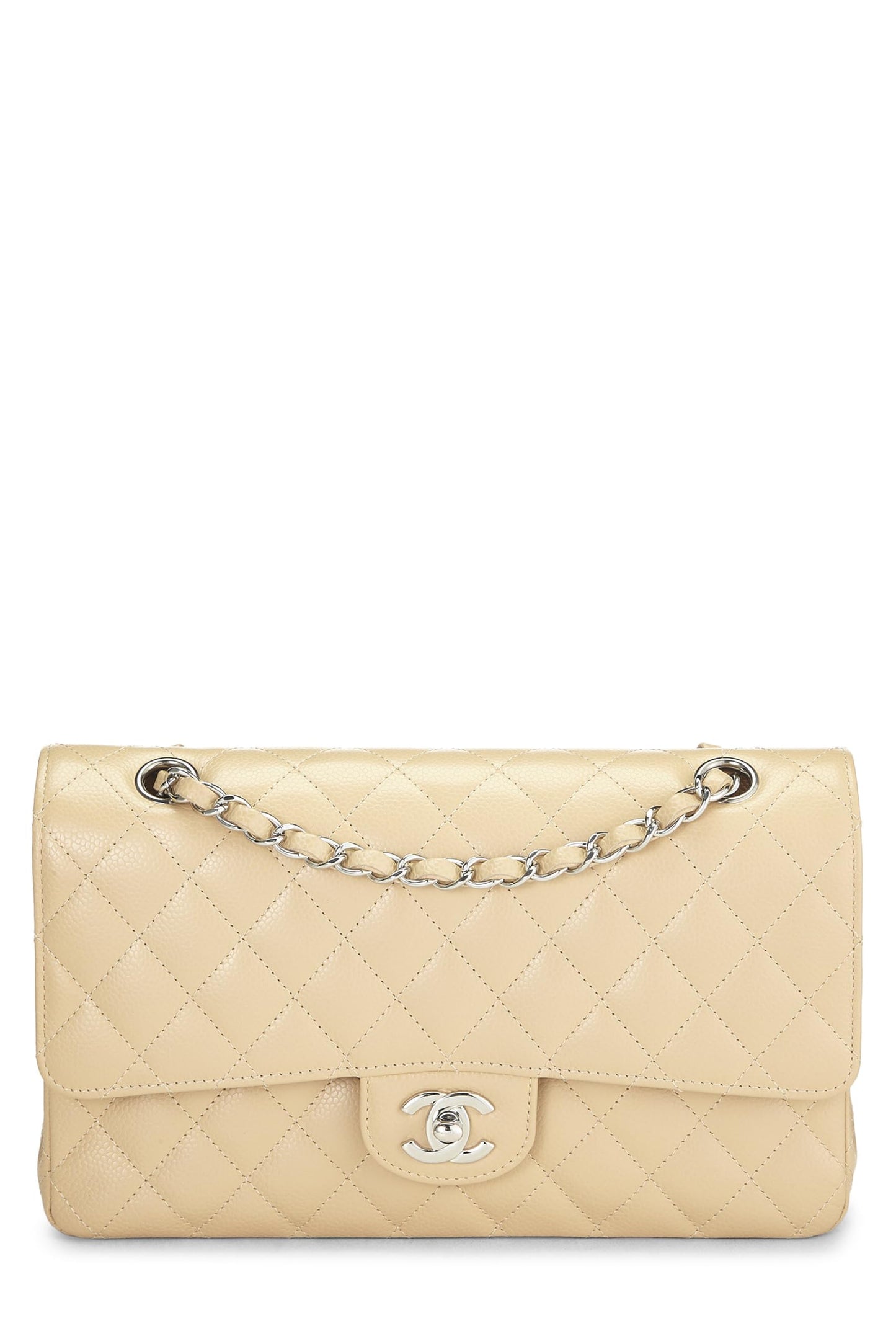 Chanel,  Beige Quilted Caviar Classic Double Flap Medium, Beige