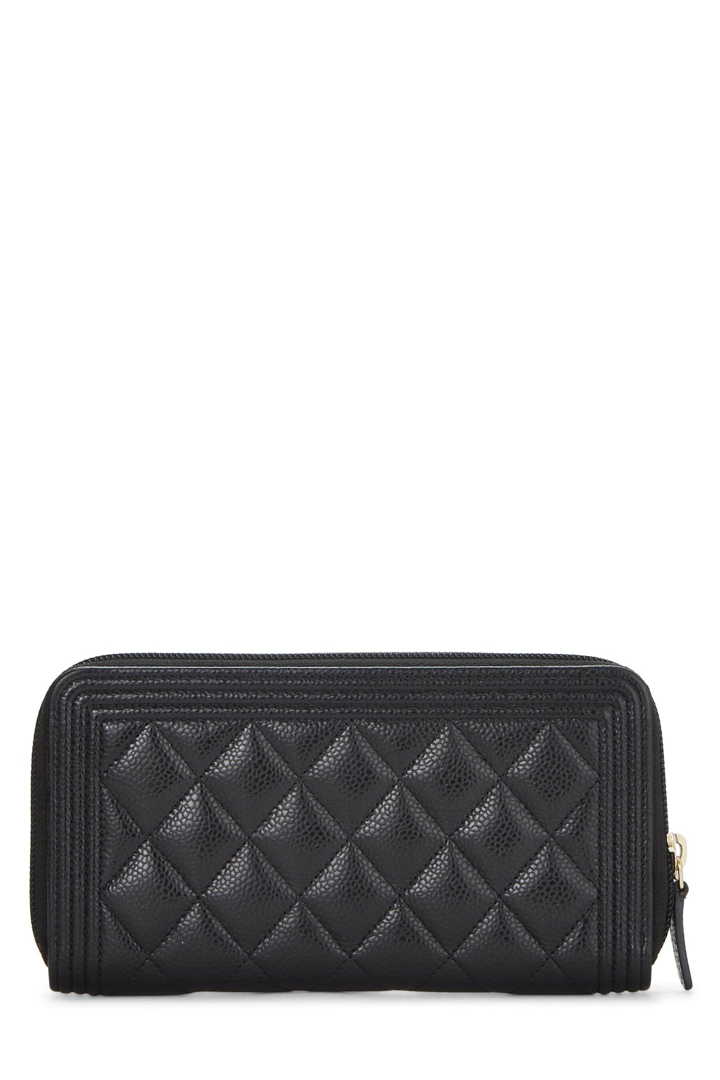 Chanel,  Black Quilted Caviar Boy Zip Around Wallet, Black