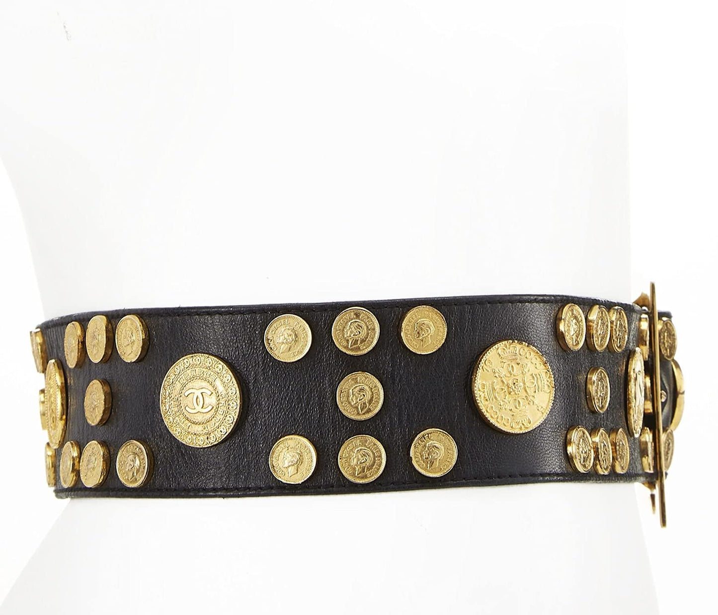 Chanel,  Black Coin Embellished Leather Belt 70, Black
