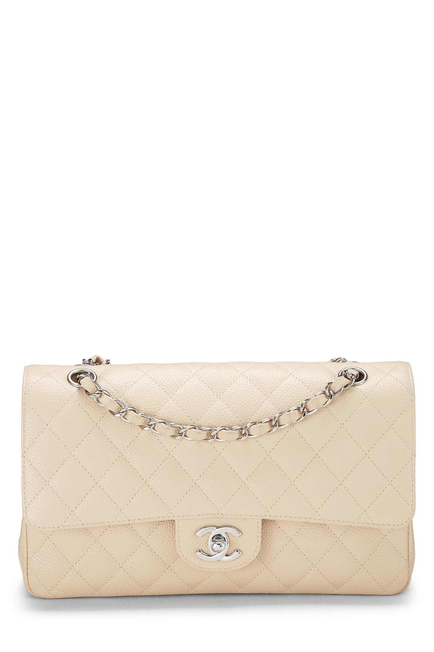 Chanel,  Beige Quilted Caviar Classic Double Flap Medium, Beige