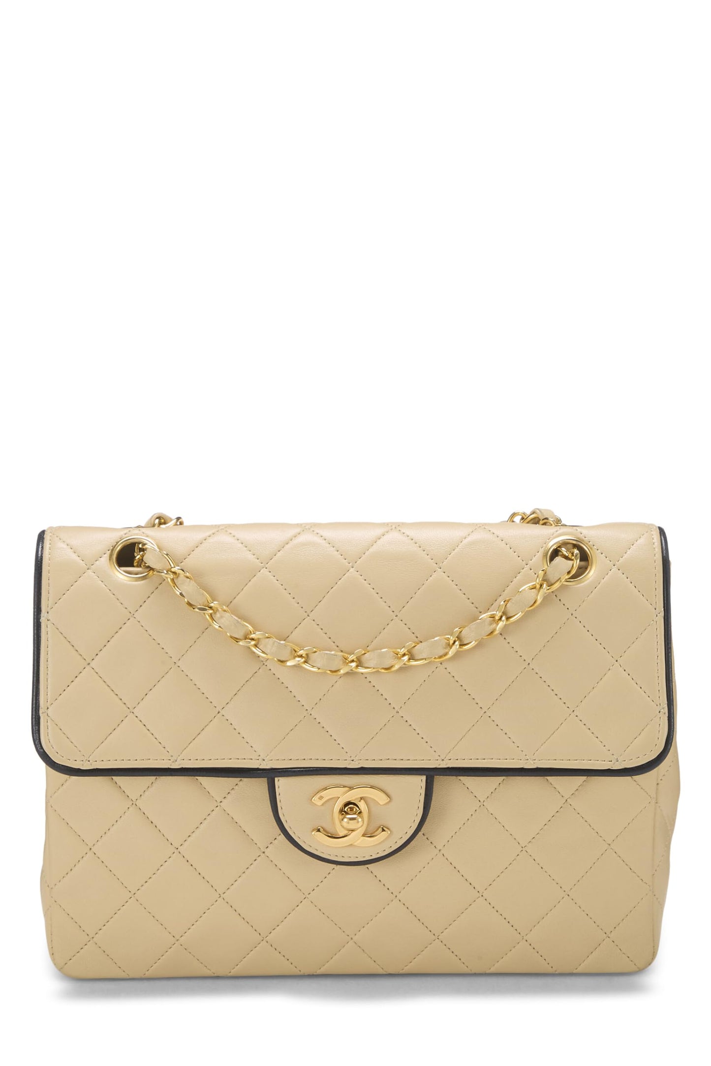 Chanel,  Beige Quilted Lambskin Piped Half Flap Small, Beige