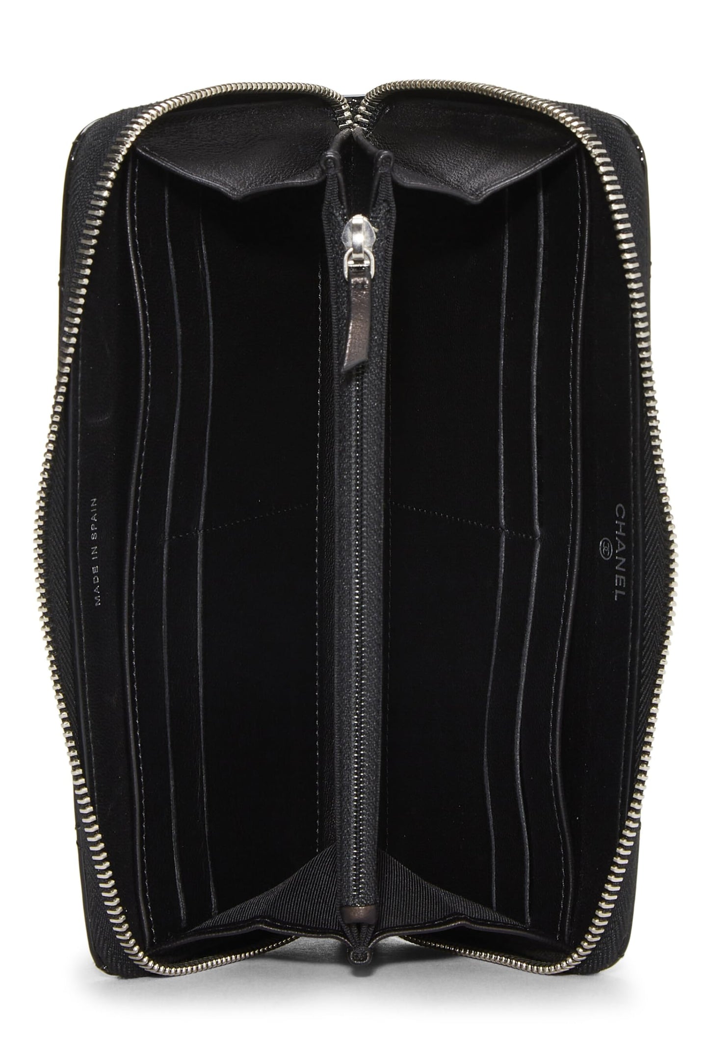 Chanel,  Black Quilted Patent Leather Zip Wallet, Black