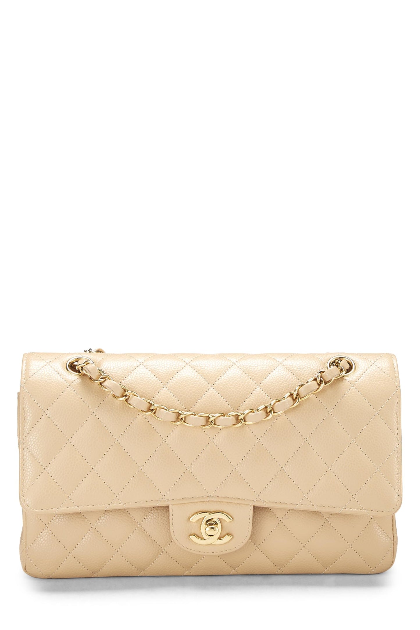 Chanel,  Beige Quilted Caviar Classic Double Flap Medium, Beige