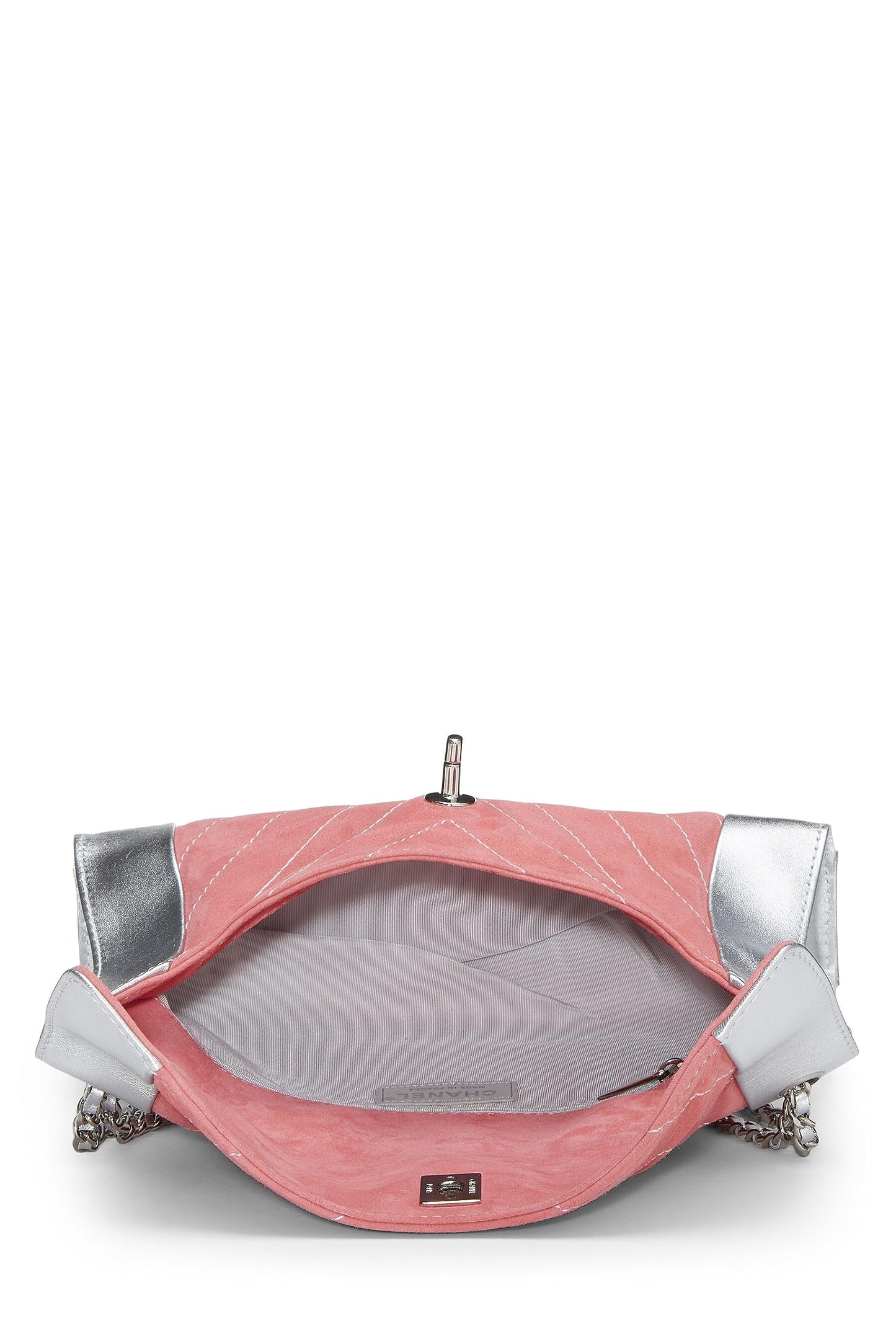 Chanel,  Pink Suede & Silver Leather Chevron Flap Medium, Pink