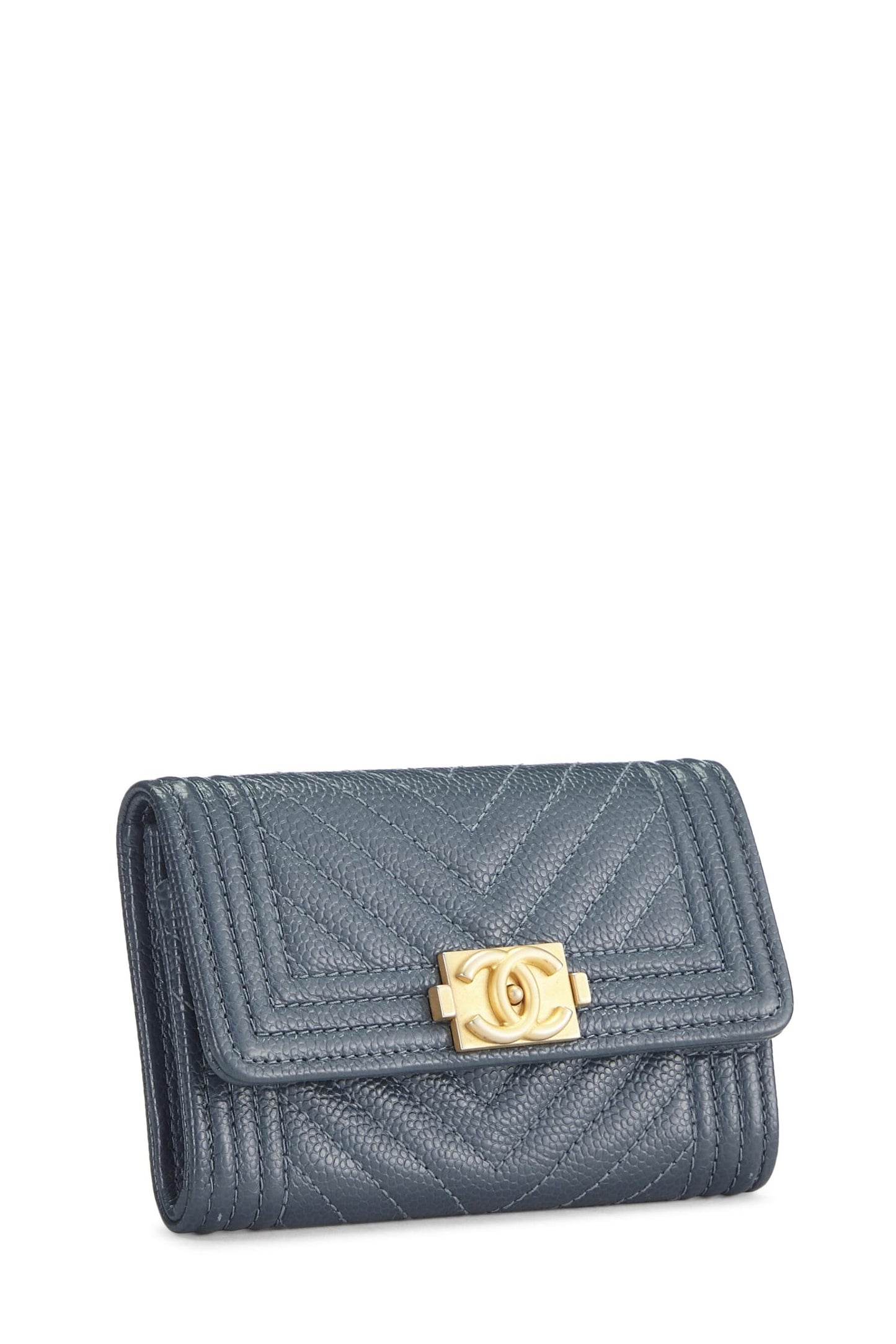 Chanel,  Blue Caviar Chevron Boy Coin Purse, Blue