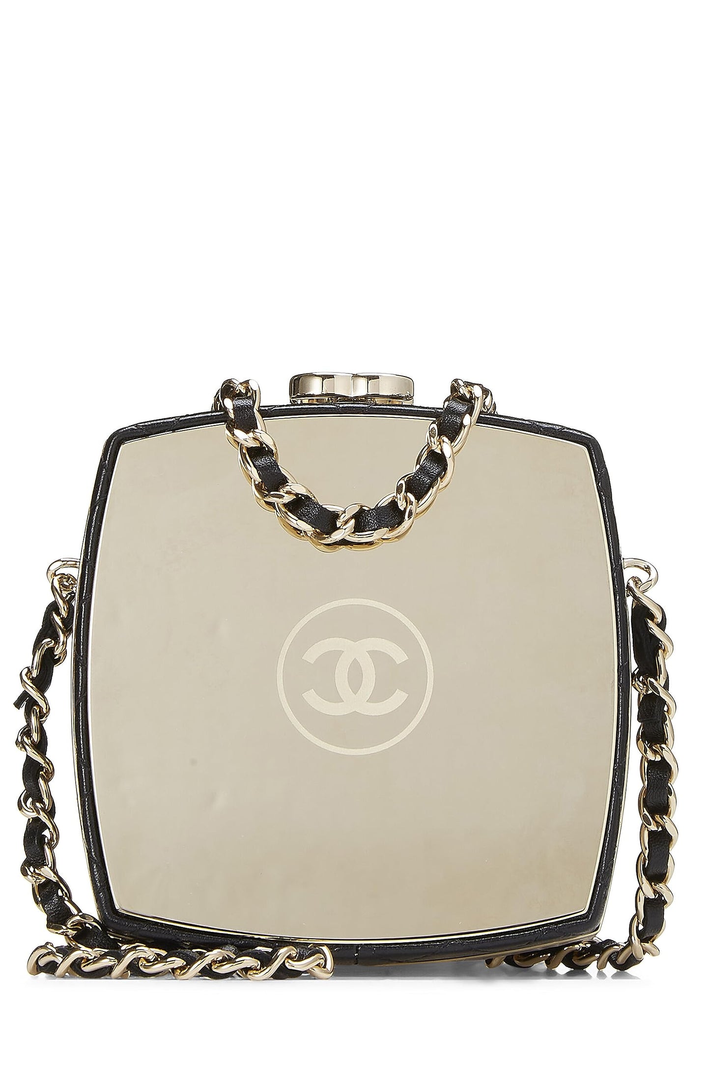 Chanel,  Black Lambskin Powder Clutch On Chain, Black
