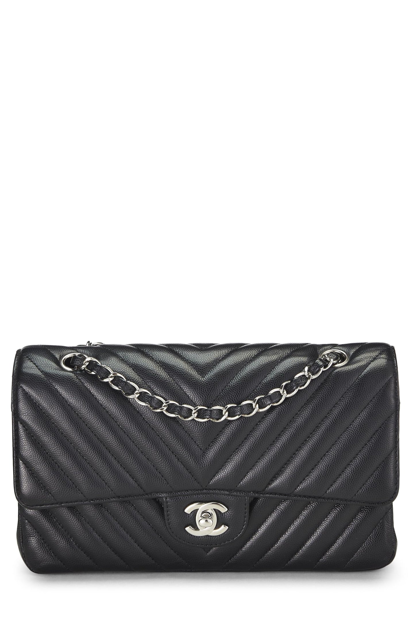 Chanel,  Black Chevron Caviar Classic Double Flap Medium, Black