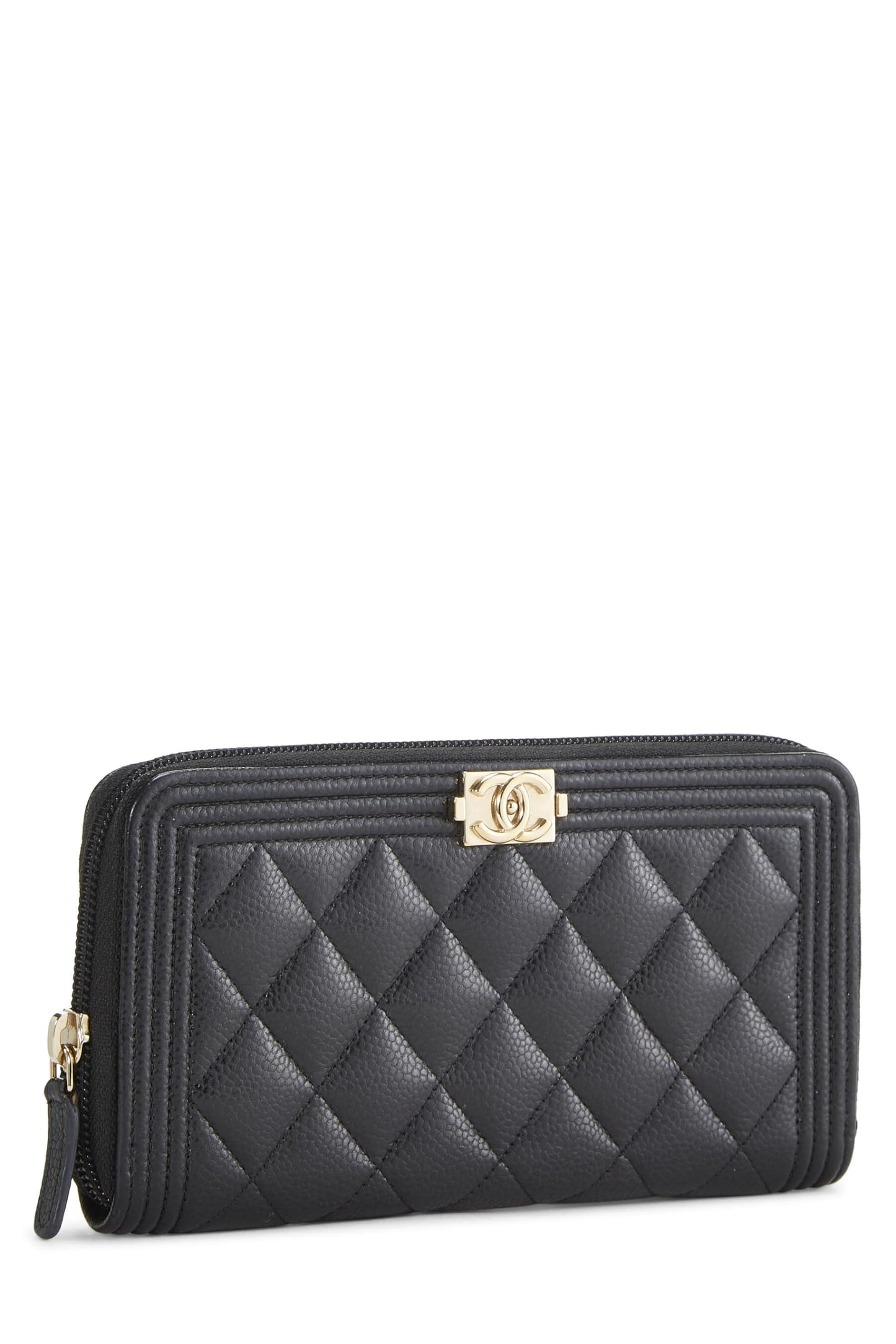 Chanel,  Black Quilted Caviar Boy Zip Around Wallet, Black