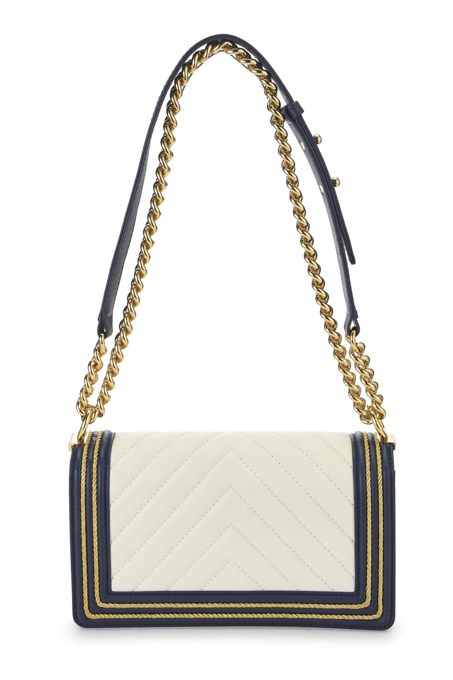 Chanel,  Navy Chevron Calfskin Border Boy Bag Medium, Navy